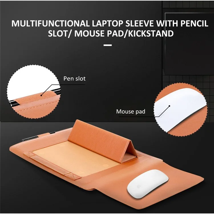 16-17 inch Laptop Sleeve Bag PU Leather Notebook Carrying Pouch with Mouse Bag and Cable Bundle Straps - Grey