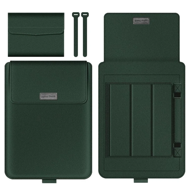 16-17 inch Laptop Sleeve Bag PU Leather Notebook Carrying Pouch with Mouse Bag and Cable Bundle Straps - Green