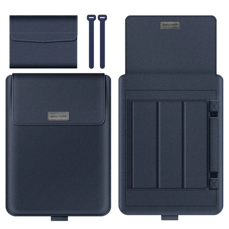 16-17 Zoll Laptop-Sleeve-Tasche aus PU-Leder mit Notebooktragegurt und Kabel-Bundle-Riemen - Dunkelblau