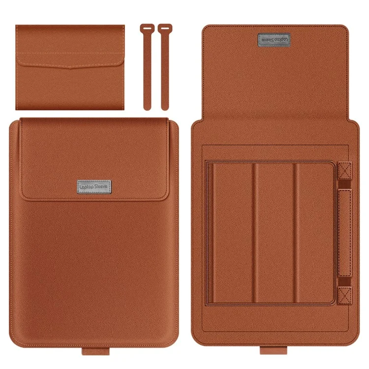 16-17 inch Laptop Sleeve Bag PU Leather Notebook Carrying Pouch with Mouse Bag and Cable Bundle Straps - Camel