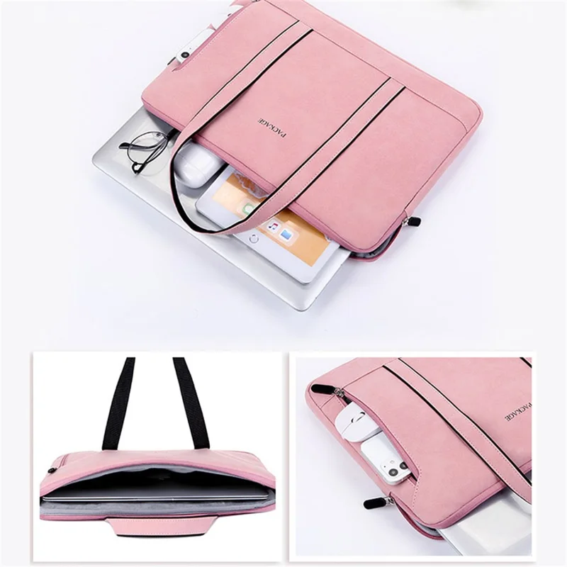Q5 14-14.6 Inch Laptop Waterproof PU Leather Handbag Soft Lining Notebook Carrying Bag - Pink