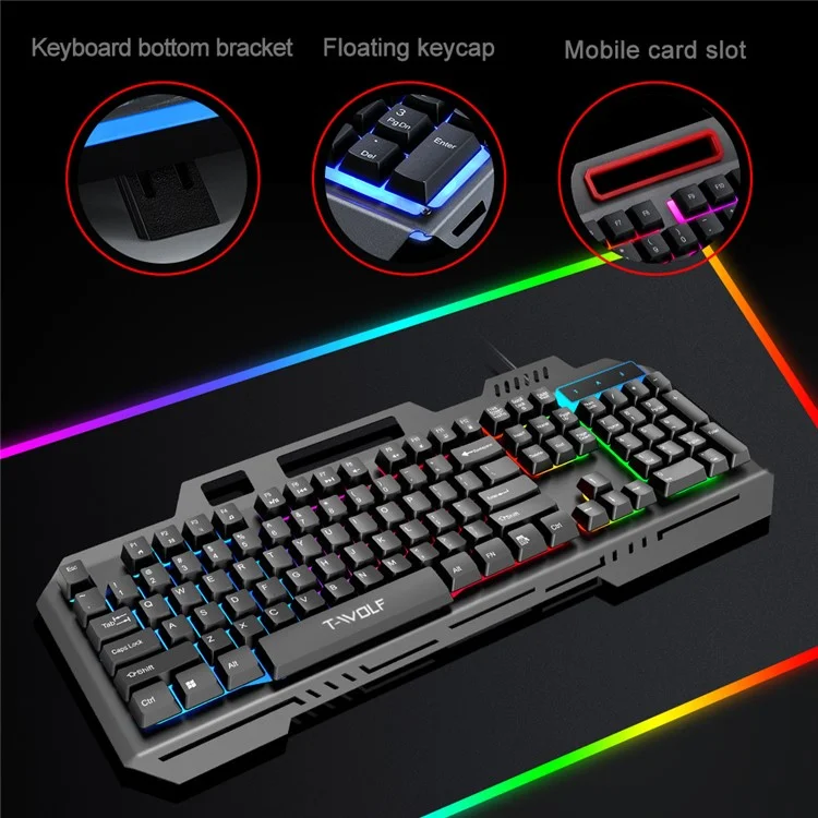 Clavier de jeu rétroéclairé filaire T-WOLF T16 104 touches Clavier de jeu à éclairage ambiant
