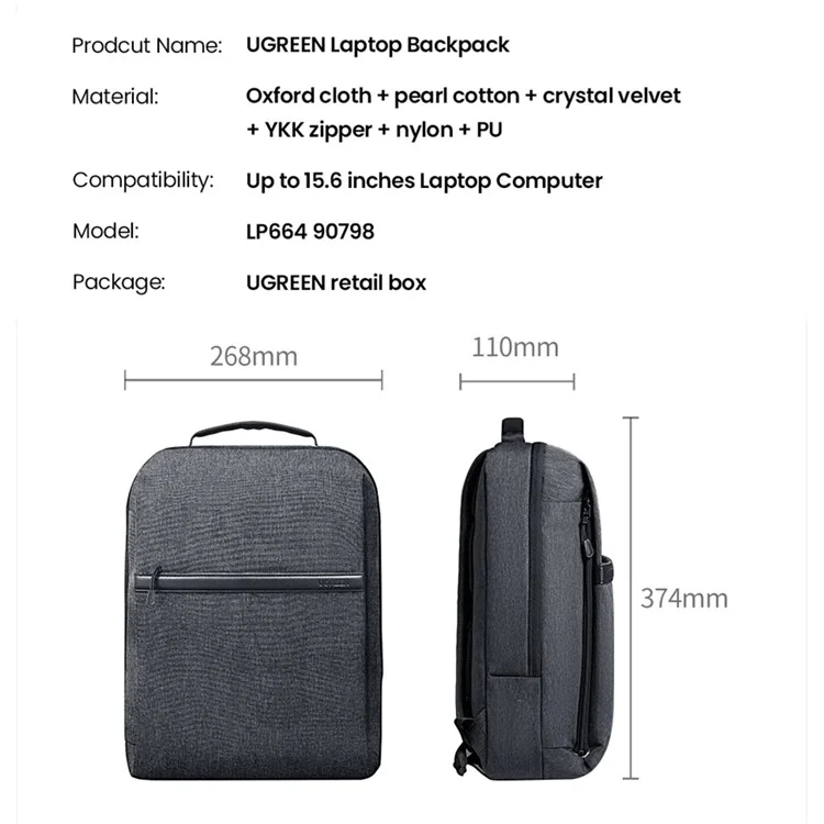 UGREEN 90798 Mochila de Tecido Oxford 600D Impermeável para Viagem com Compartimento para Laptop de 15,6 Polegadas