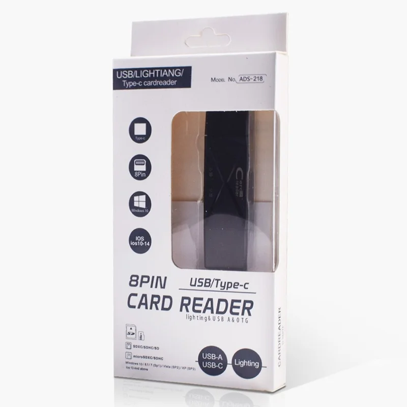 ADS-218 USB / 8-Pin / Type-C 3-in-1 SD TF Memory Card Reader Data Transfer Adapter - White
