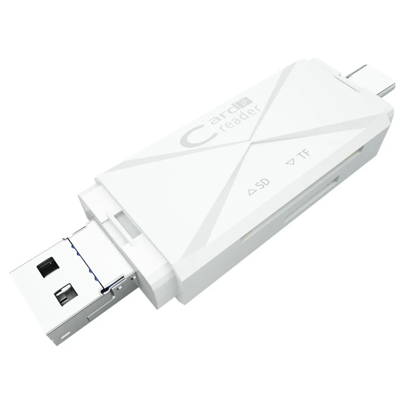 ADS-218 USB / 8-Pin / Type-C 3-in-1 SD TF Memory Card Reader Data Transfer Adapter - White