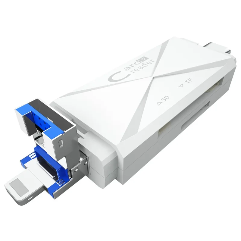 ADS-218 USB / 8-Pin / Type-C 3-in-1 SD TF Memory Card Reader Data Transfer Adapter - White