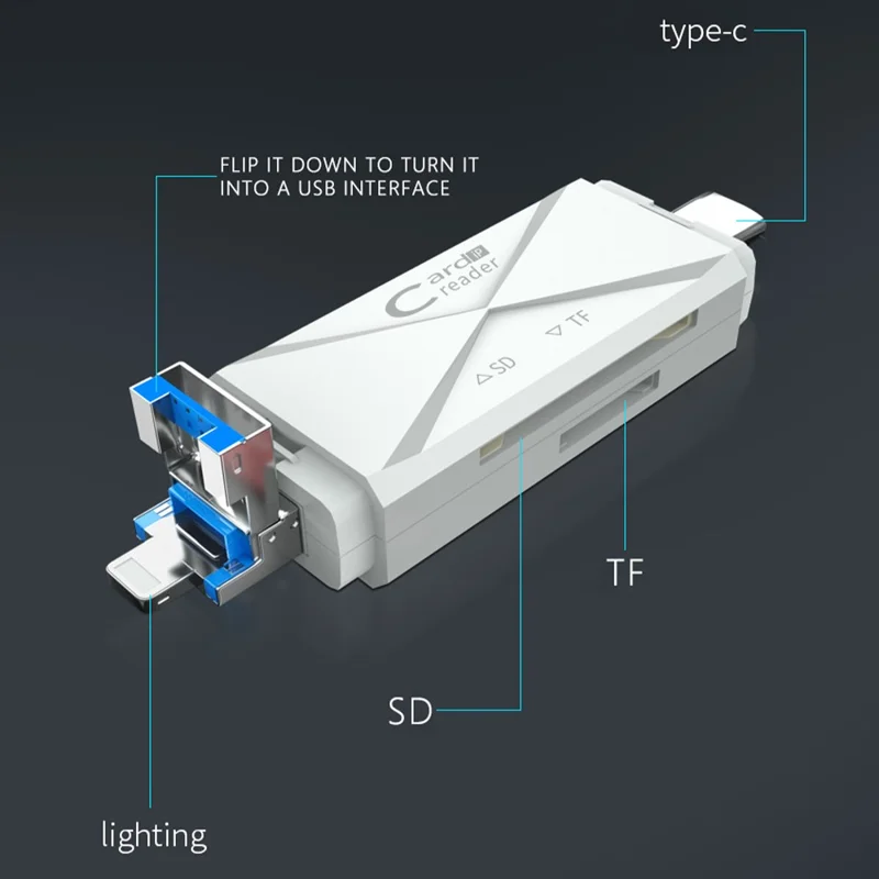 ADS-218 USB / 8-Pin / Type-C 3-in-1 SD TF Memory Card Reader Data Transfer Adapter - White