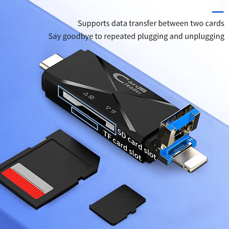 ADS-218 USB / 8-Pin / Type-C 3-in-1 SD TF Memory Card Reader Data Transfer Adapter - White