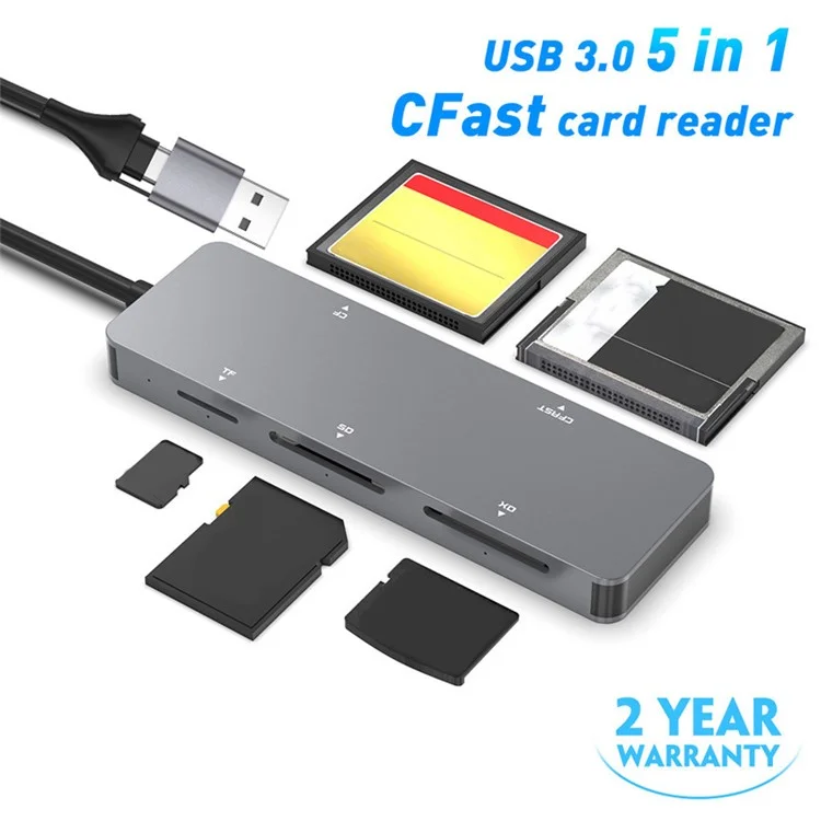 CR307D USB3.0 / Type-C to Cfast+XD+CF+SD+TF 5-in-1 Memory Card Reader 5Gbps High Speed Adapter