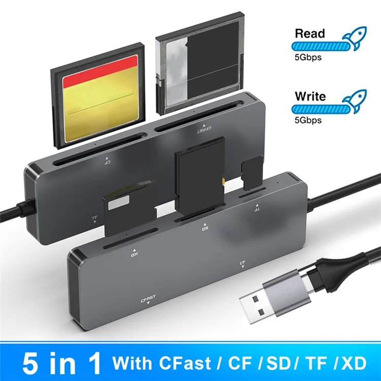 CR307D USB3.0 / Type-C to Cfast+XD+CF+SD+TF 5-in-1 Memory Card Reader 5Gbps High Speed Adapter