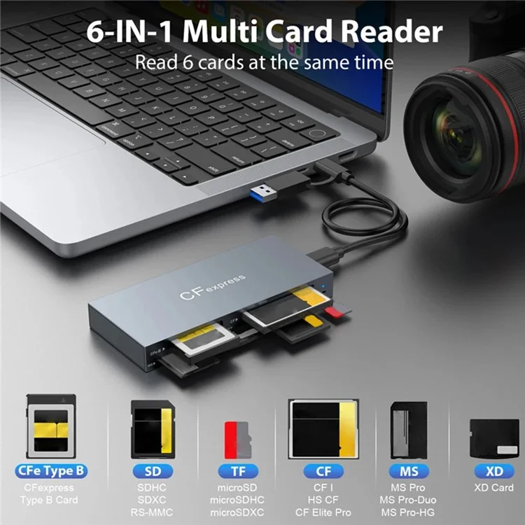 CR353 6-in-1 Cfexpress Typ B / CF / XD / MS / SD / TF-Speicherkarten-Reader-Computer-Laptop-Adapter mit Kabel