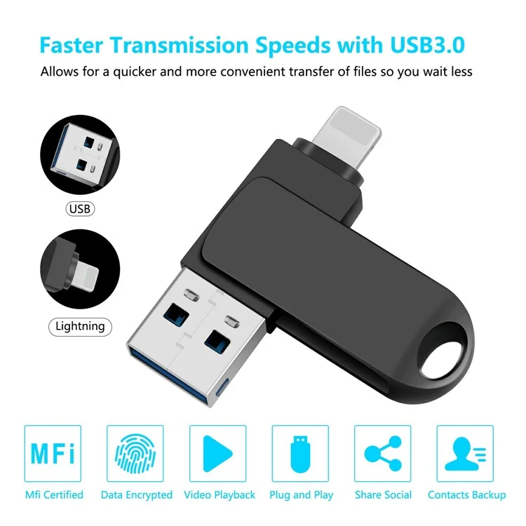 2 in 1 Kartenleser 256 gb OTG USB -flash -laufwerk Mit 8Pin + USB 3.0 Port U -festplatte Für Den Iphone Computer PC - Schwarz