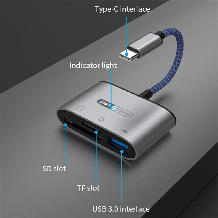 Leitor de Cartão Tipo-C MH372 com Slot TF + Slot SD + Porta USB3.0 Adaptador de Liga de Alumínio - Azul