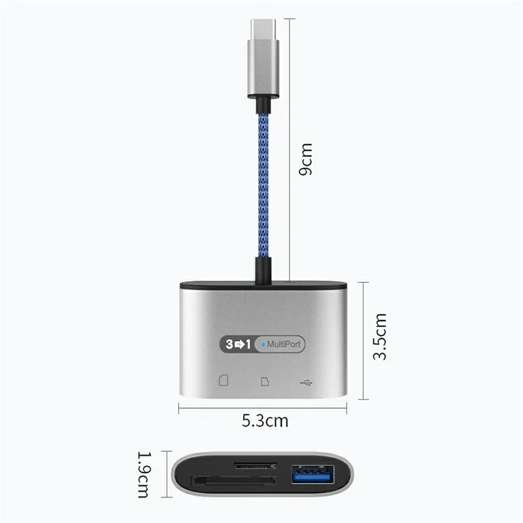 Leitor de Cartão Tipo-C MH372 com Slot TF + Slot SD + Porta USB3.0 Adaptador de Liga de Alumínio - Azul