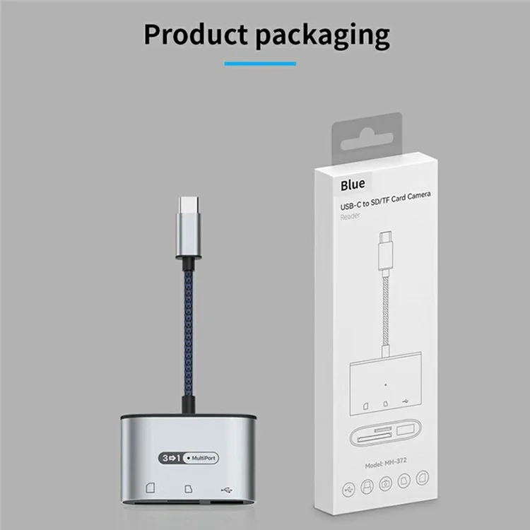 Leitor de Cartão Tipo-C MH372 com Slot TF + Slot SD + Porta USB3.0 Adaptador de Liga de Alumínio - Azul