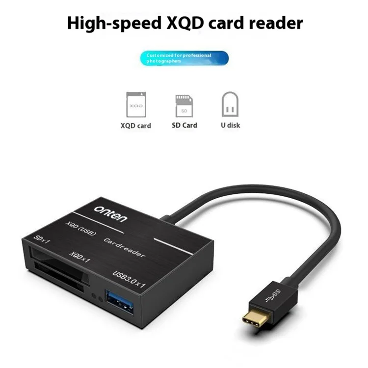 ONTEN OTN-9189 Lettore di schede 3 in 1 Type-C per XQD / SD con porta USB 3.0 per trasferimento dati ad alta velocità