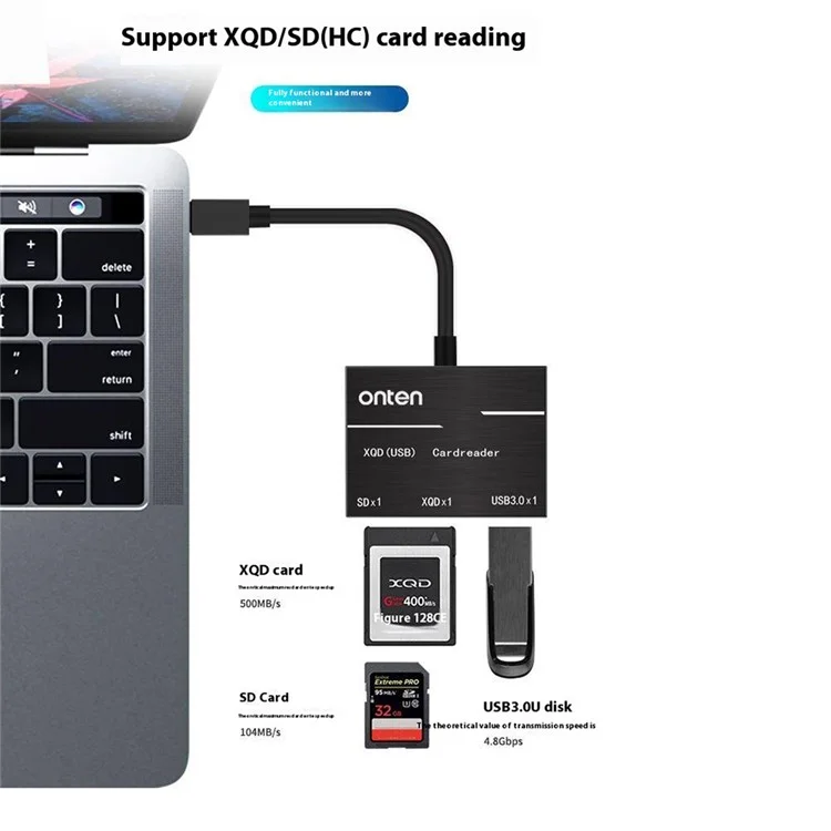 ONTEN OTN-9189 Lettore di schede 3 in 1 Type-C per XQD / SD con porta USB 3.0 per trasferimento dati ad alta velocità