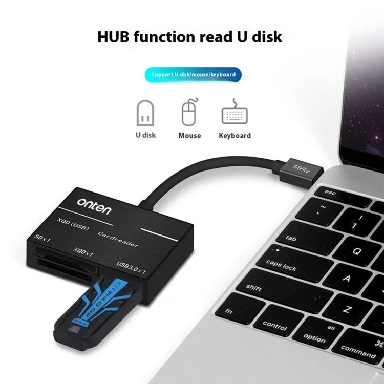 ONTEN OTN-9189 Lettore di schede 3 in 1 Type-C per XQD / SD con porta USB 3.0 per trasferimento dati ad alta velocità