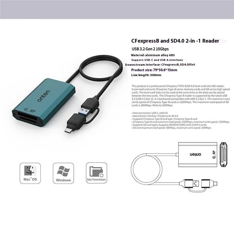 ONTEN OTN-P2 USB-C / USB3.0 UHS2 Dual Card Reader Cfexpress Type-B SDXC High-Speed Data Transfer Adapter