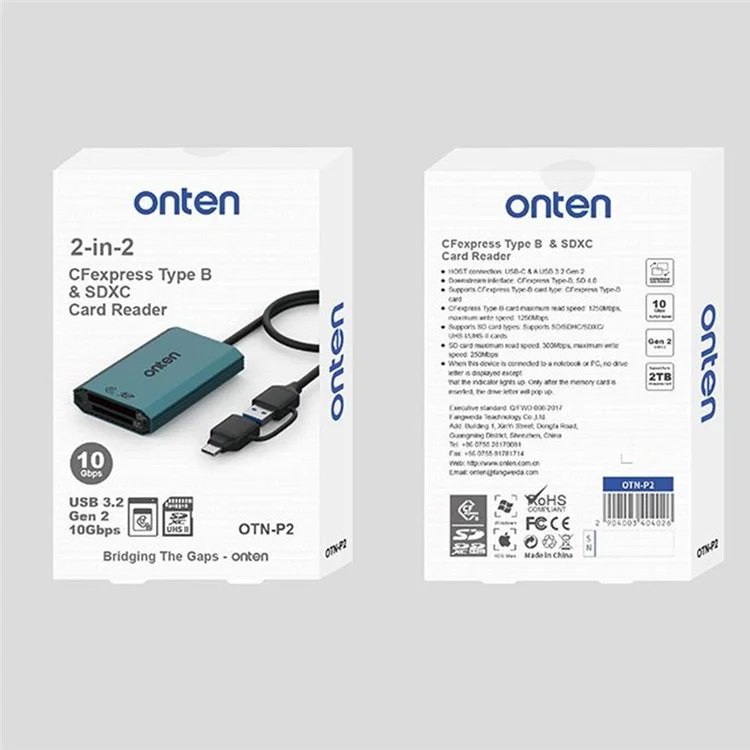 ONTEN OTN-P2 USB-C / USB3.0 UHS2 Dual Card Reader Cfexpress Type-B SDXC High-Speed Data Transfer Adapter