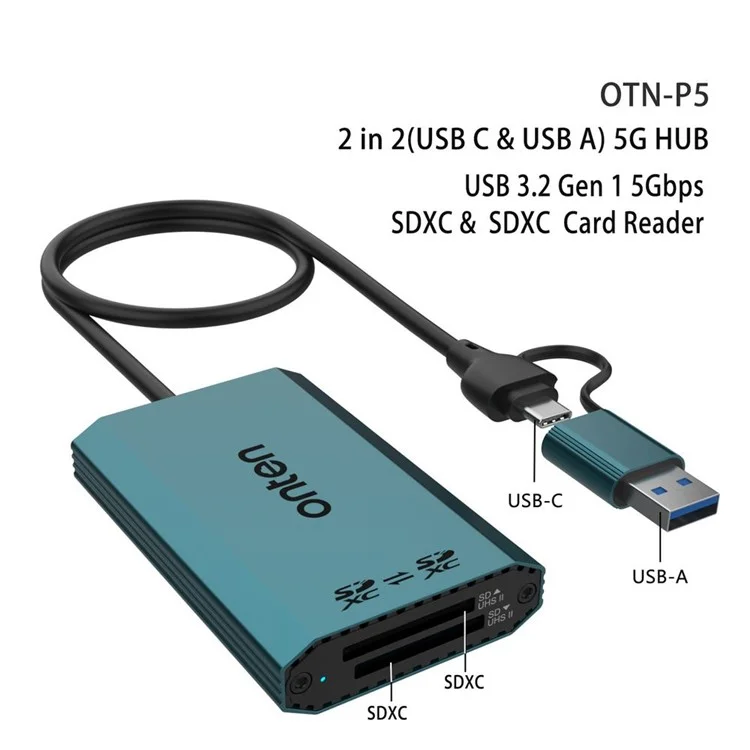 ONTEN OTN-P5 USB-C / USB 3.0 to Dual SD Card Reader UHS-II Data Transfer Adapter for Laptop PC