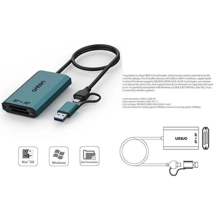 ONTEN OTN-P5 USB-C / USB 3.0 to Dual SD Card Reader UHS-II Data Transfer Adapter for Laptop PC