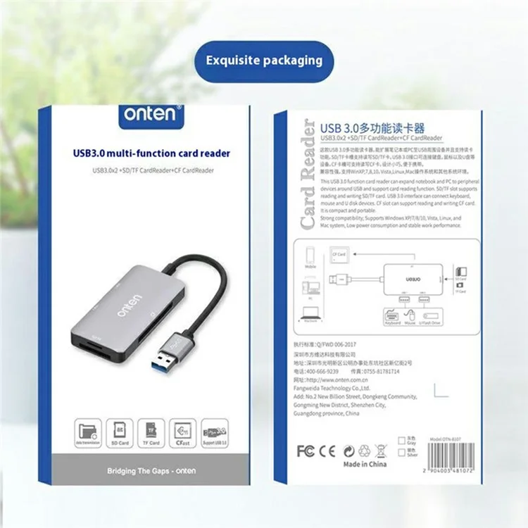 Lecteur de carte ONTEN 8107 USB 3.0 Haute Vitesse CF SD TF Lecture Simultanée Adaptateur en Alliage d'Aluminium