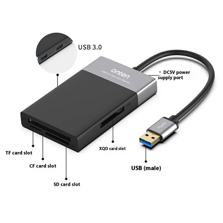 Lector de tarjetas ONTEN OTN5215B SD TF CF XQD con concentrador multifunción de 6 en 1 y 2 puertos USB 3.0 OTG