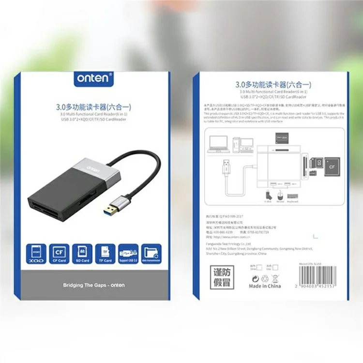 Lector de tarjetas ONTEN OTN5215B SD TF CF XQD con concentrador multifunción de 6 en 1 y 2 puertos USB 3.0 OTG