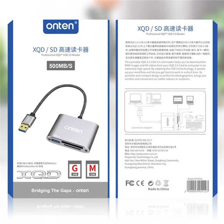 Lecteur de carte ONTEN 5512 XQD / SD USB 3.0 Adaptateur de transfert de données à haute vitesse