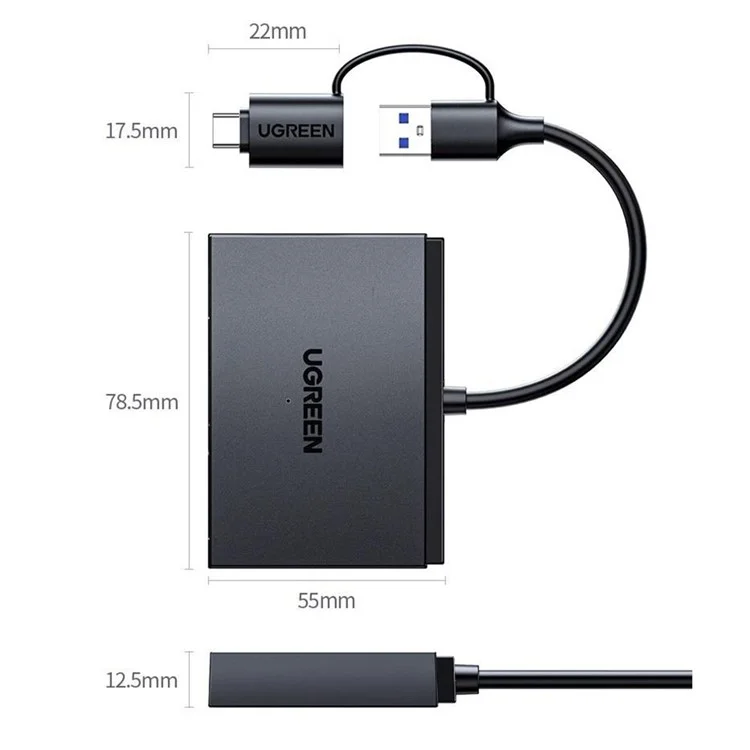 UGREEN 45178 Lector de Tarjetas 2 en 1 USB A / Tipo C para SD / TF / NM Compatible con Apple / Huawei / Android