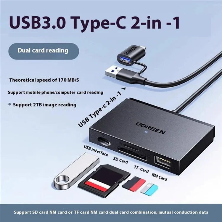 UGREEN 45178 Lector de Tarjetas 2 en 1 USB A / Tipo C para SD / TF / NM Compatible con Apple / Huawei / Android