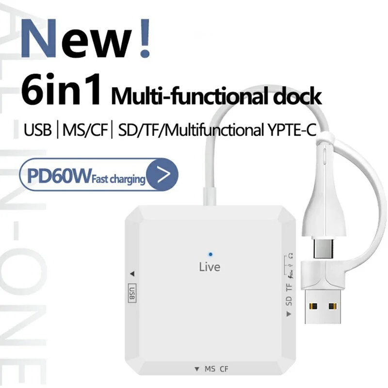 AJ1028 Hub USB Type-C 6 in 1 con Lettore di Schede Doppia Porta Dock di Ricarica PD 60W per TF SD MS CF
