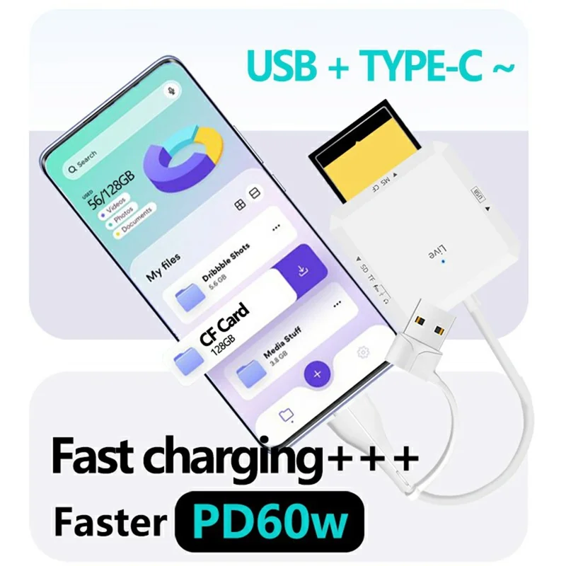 AJ1028 Hub USB Type-C 6 in 1 con Lettore di Schede Doppia Porta Dock di Ricarica PD 60W per TF SD MS CF