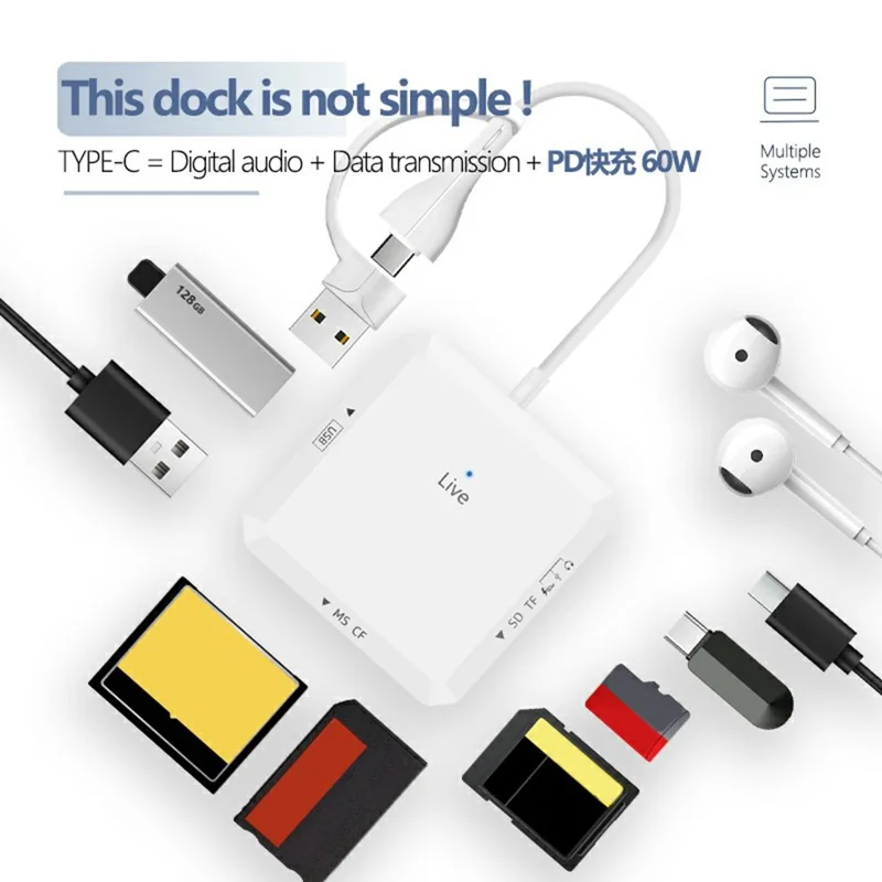 AJ1028 Hub USB Type-C 6 in 1 con Lettore di Schede Doppia Porta Dock di Ricarica PD 60W per TF SD MS CF