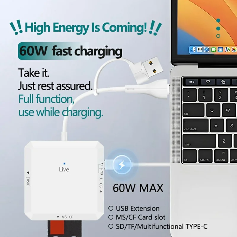 AJ1028 Hub USB Type-C 6 in 1 con Lettore di Schede Doppia Porta Dock di Ricarica PD 60W per TF SD MS CF