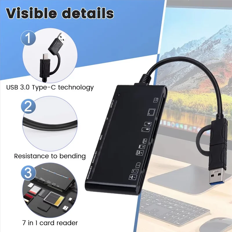 CR7 Type-C / USB 3.0 Multi-Function Card Reader CF / XD / MS / SD / TF Memory Card Reader for Phone Tablet Laptop PC