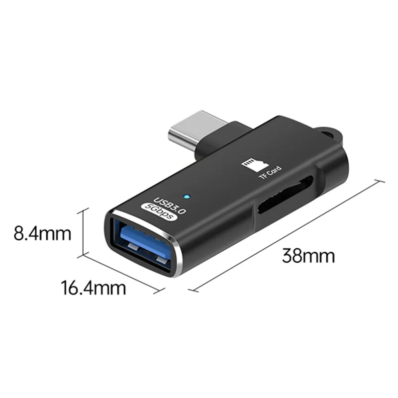 TYS-304 Angled Type-C OTG Adapter to USB 3.0 + TF Card Slot Converter for Mouse / Keyboard / Flash Drive / SSD - Black