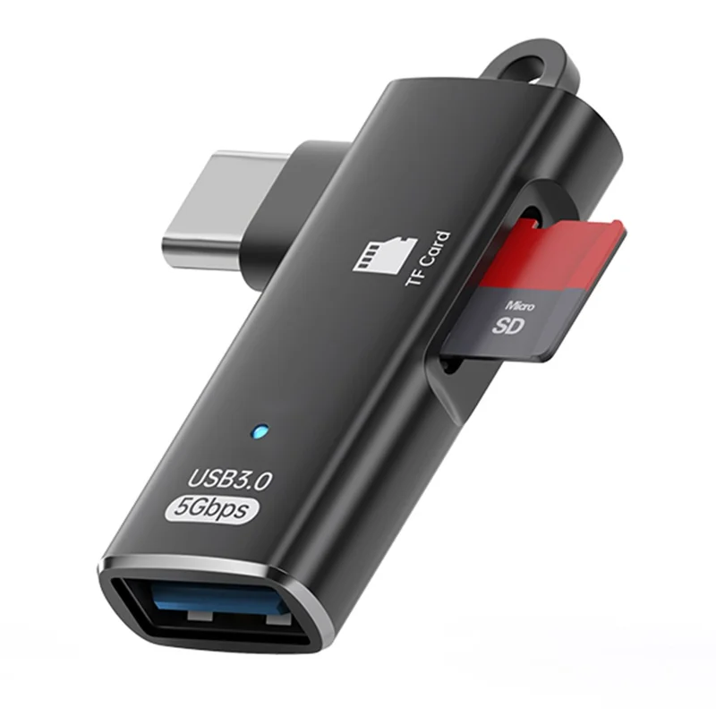 TYS-304 Angled Type-C OTG Adapter to USB 3.0 + TF Card Slot Converter for Mouse / Keyboard / Flash Drive / SSD - Black