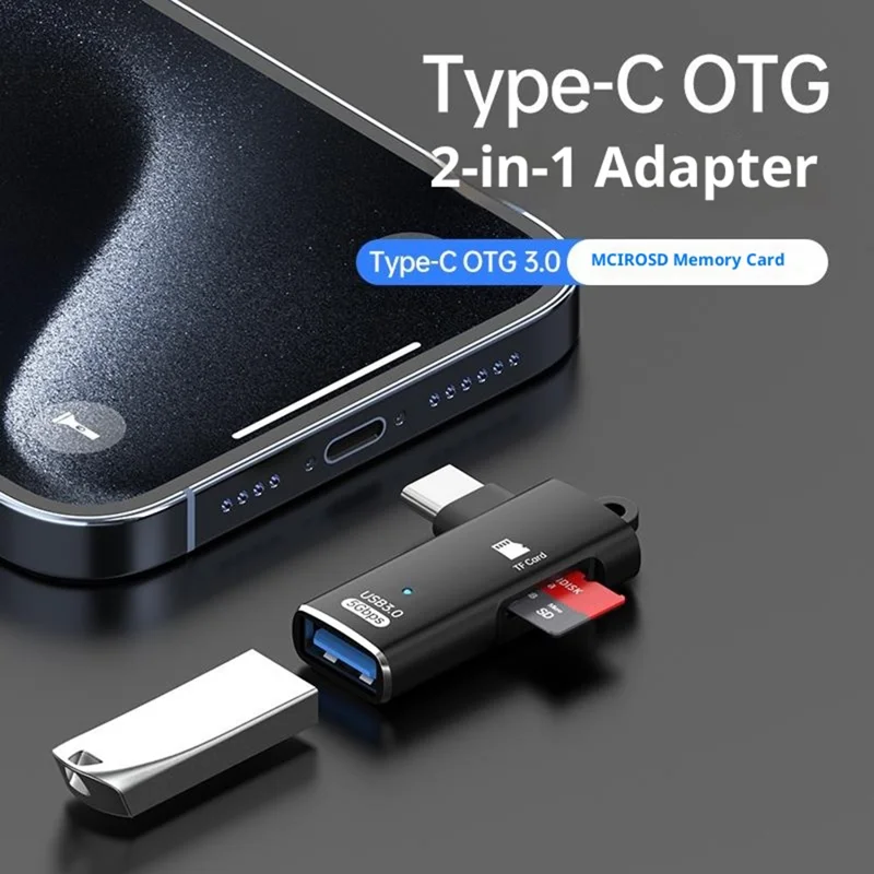 TYS-304 Angled Type-C OTG Adapter to USB 3.0 + TF Card Slot Converter for Mouse / Keyboard / Flash Drive / SSD - Black