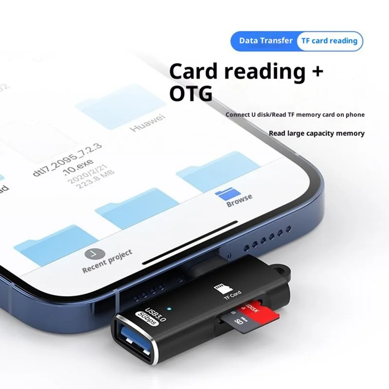 TYS-304 Angled Type-C OTG Adapter to USB 3.0 + TF Card Slot Converter for Mouse / Keyboard / Flash Drive / SSD - Black