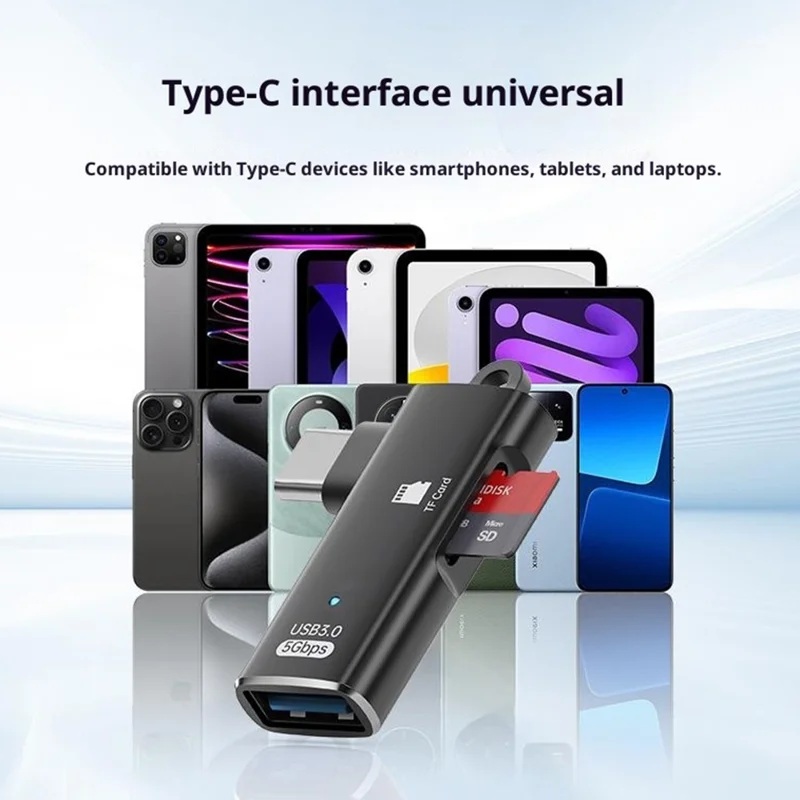 TYS-304 Angled Type-C OTG Adapter to USB 3.0 + TF Card Slot Converter for Mouse / Keyboard / Flash Drive / SSD - Black