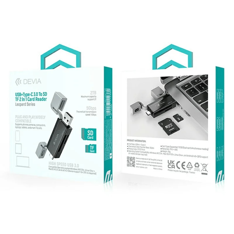 DEVIA Leopard Series USB + Type-C 3.0 to SD / TF 2 In 1 Card Reader High Speed Portable Multi Interface - Black