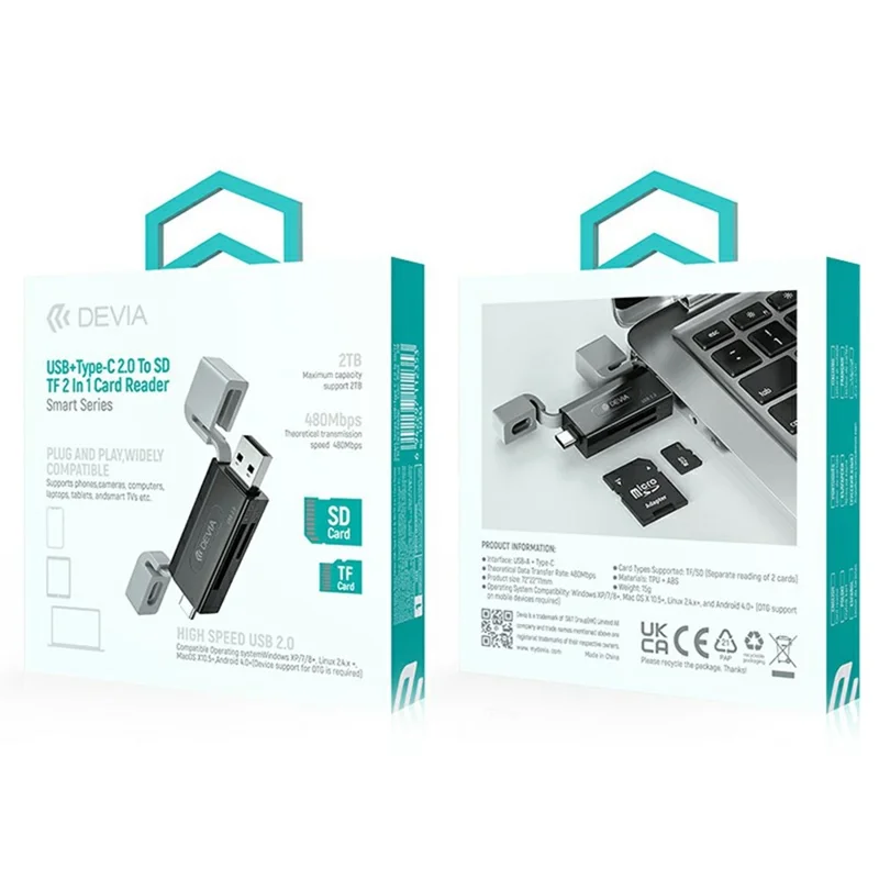 DEVIA Smart Series Dual USB + Type-C 2.0 to SD / TF 2 In 1 Card Reader - Black