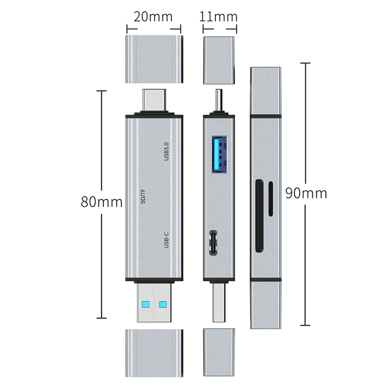 2607 4 in 1 USB-C USB 3.0 Card Reader SD TF Memory Card Adapter for Laptop Phone - Silver