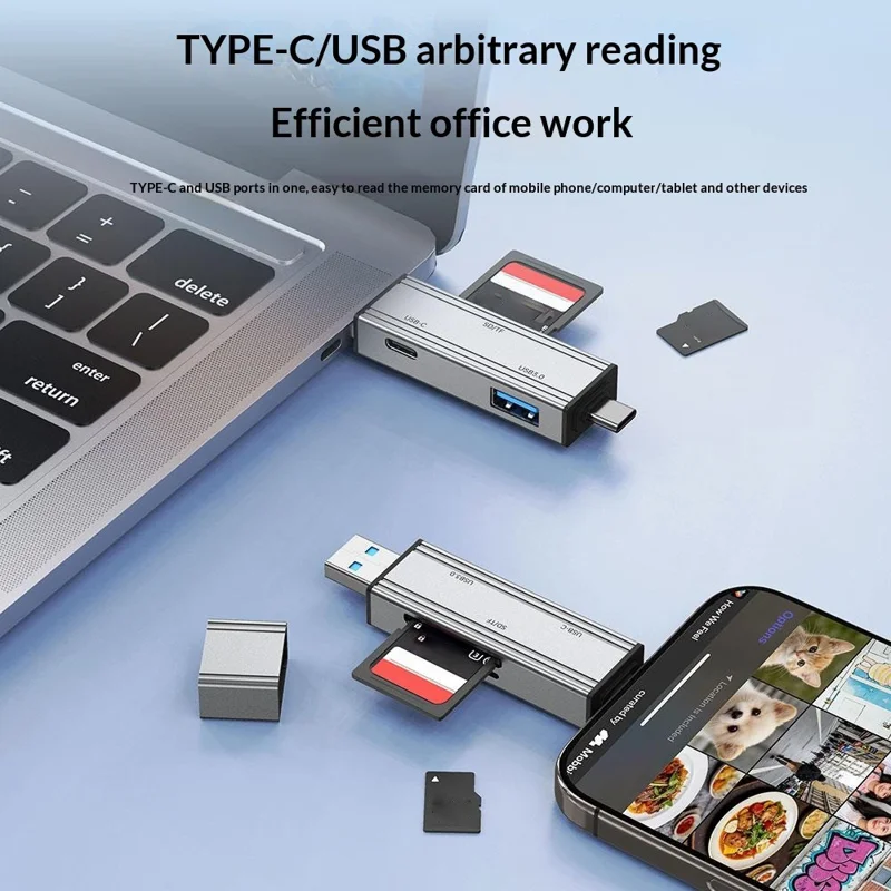 2607 4 in 1 USB-C USB 3.0 Card Reader SD TF Memory Card Adapter for Laptop Phone - Silver