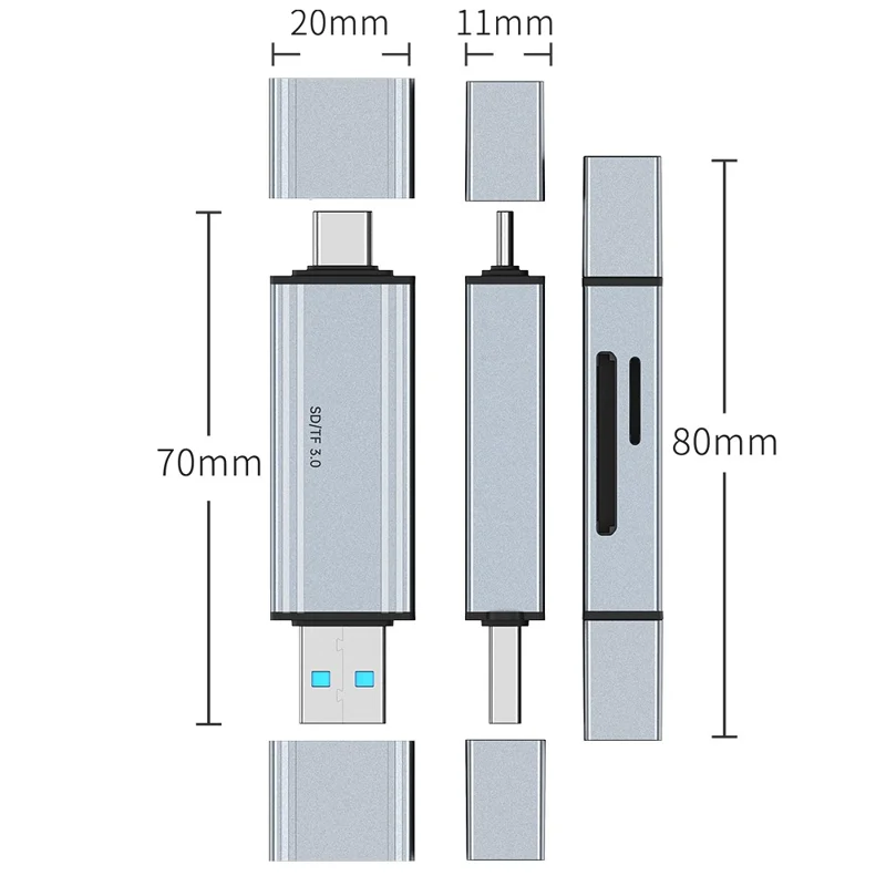 2608 USB 3.0 Card Reader 2 in 1 USB-C to SD TF Adapter Converter - Silver