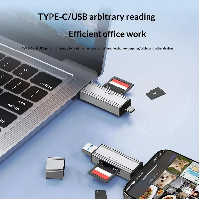 2608 USB 3.0 Card Reader 2 in 1 USB-C to SD TF Adapter Converter - Silver