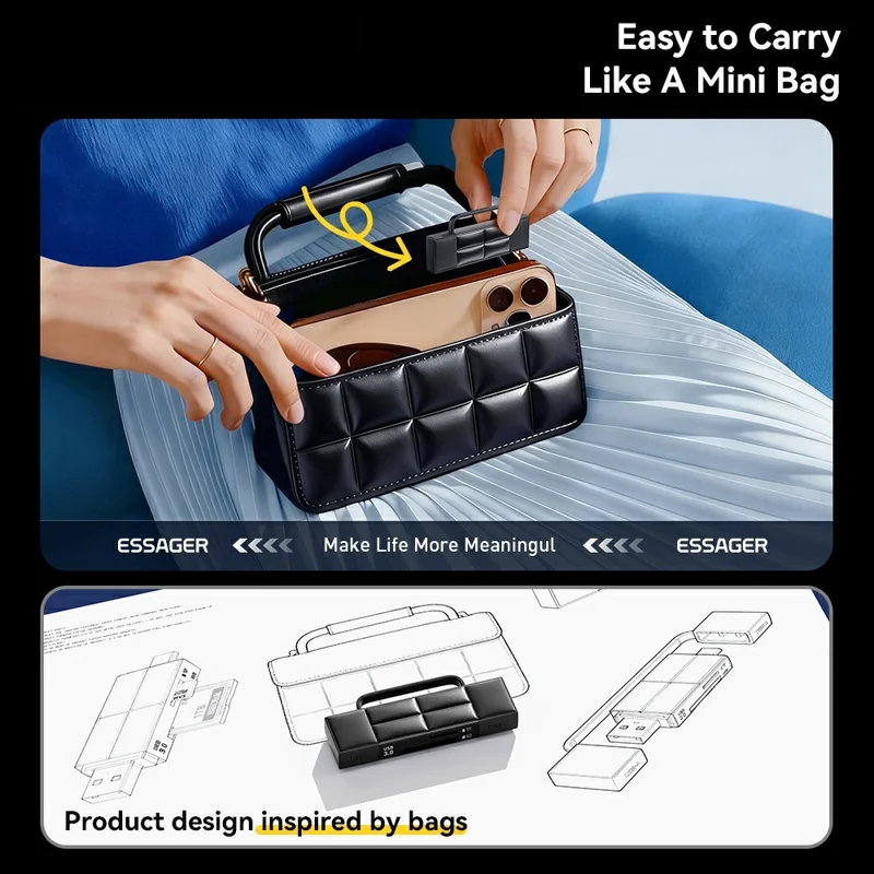 ESSAGER Card Reader USB 3.0 Type-C USB-A 2TB Max Dual SD  /  TF Card Storage Case for Camera Phone