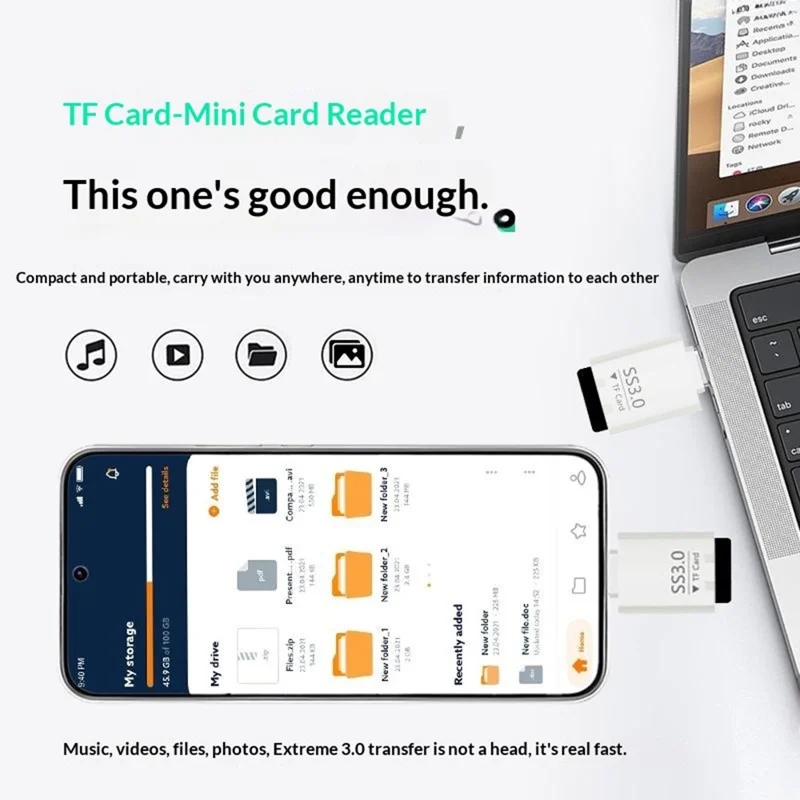 Lettore di schede SS3.0 USB-C TF Mini adattatore Type-C a MicroSD ad alta velocità 3.0 per Windows / MacOS / Linux / Android / iOS - Bianco